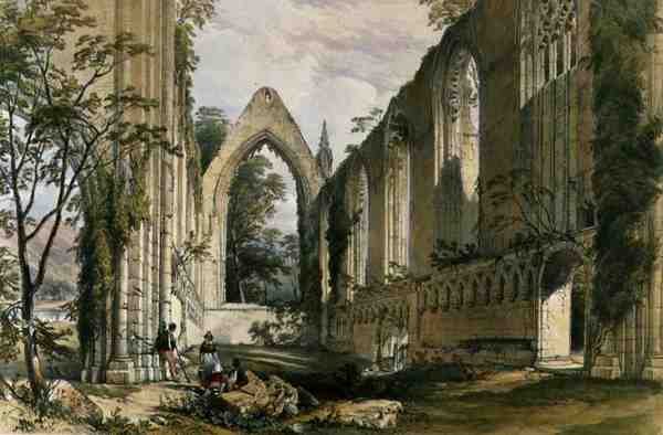 ボルトン修道院、聖歌隊の内部、ジョージ・ホーキンス（1819-52）が彫刻した「The Monastic Ruins of Yorkshire（ヨークシャーの修道院跡）」より 作： ウィリアム（後）リチャードソン
