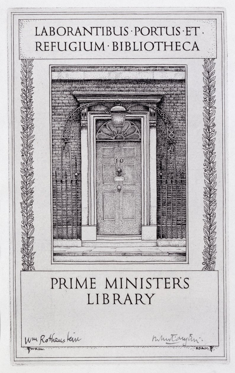 ロバート・サージェント・オースティン（1895-1973）によって刻まれた首相図書館の蔵書票（刻印） 作： ウィリアム（後）・ローゼンシュタイン