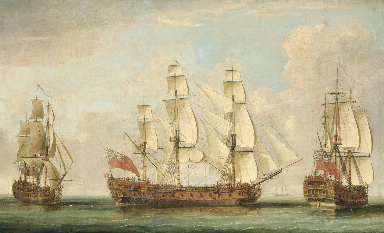 The Honorable [East India] Company の船 Bessborough が海峡の 3 つの位置にあり、甲板が人で混雑している (キャンバスに油彩) 作： ウィリアム（attr。to）エリオット