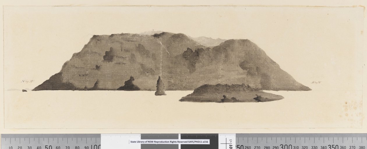 ページ3b 未確認の島の眺め。左側には「N by E」、右側には「E by N」とインクで書かれています。 作： William（attr。To）Hodges