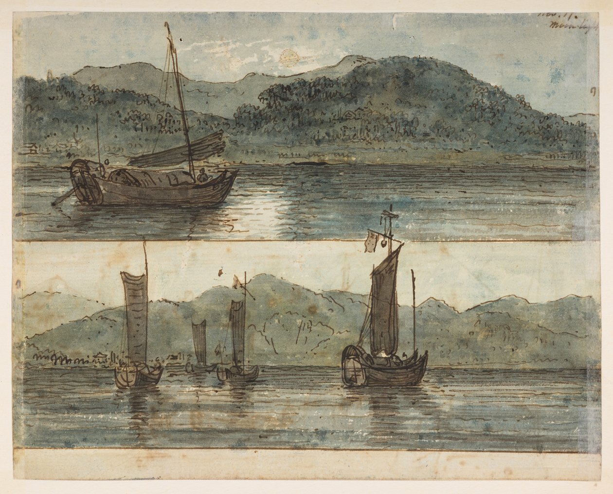 146v 川のシーン。 「ムーンライト 11 月 17 日」  、1792年から1794年の間にマッカートニー卿の中国皇帝への大使館で作成された風景、海岸線、衣装、日常生活の372枚の絵のアルバムから（紙に鉛筆と水彩） 作： ウィリアムアレクサンダー