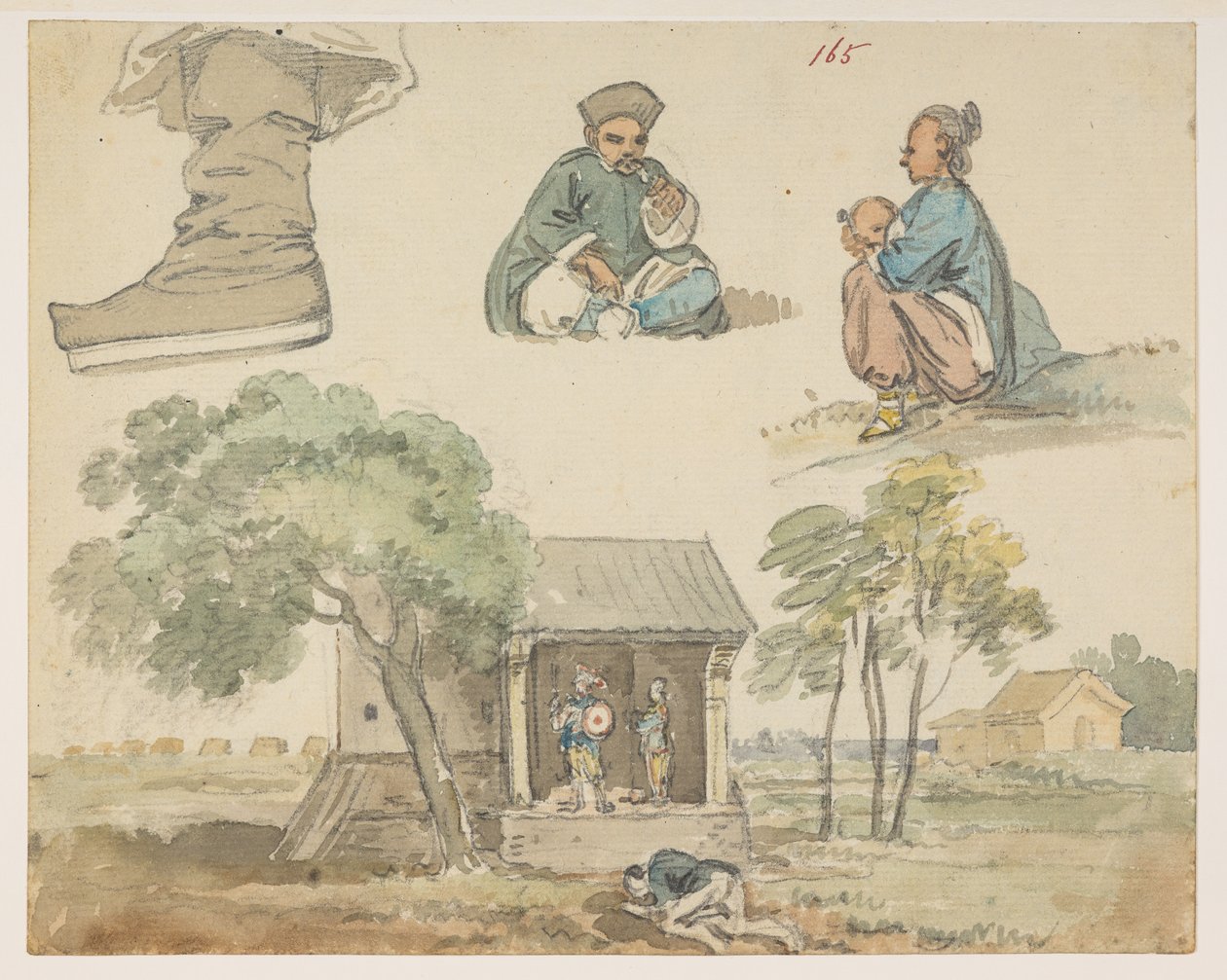 165 フィギュア研究と神社。  、1792年から1794年の間にマッカートニー卿の中国皇帝への大使館で作成された風景、海岸線、衣装、日常生活の372枚の絵のアルバムから（紙に鉛筆と水彩） 作： ウィリアムアレクサンダー
