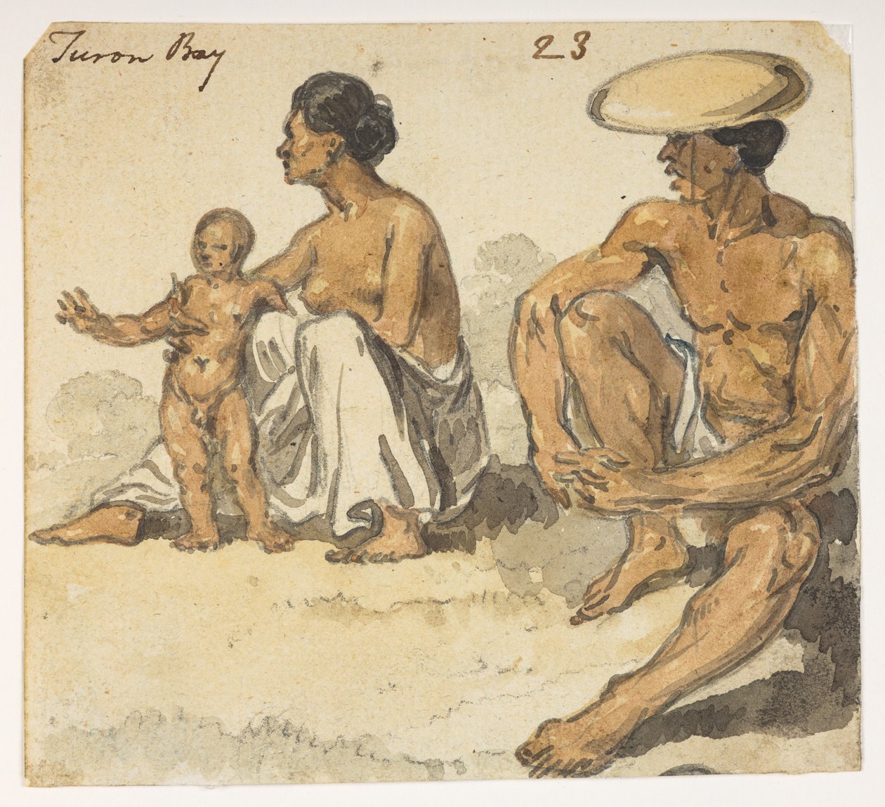f.4 23 「トゥーロン湾」の男、女、子供。  1792年から1794年にかけてマッカートニー卿の中国皇帝への大使館で作成された風景、海岸線、衣装、日常生活の372枚の絵のアルバムから（紙に鉛筆と水彩） 作： ウィリアムアレクサンダー