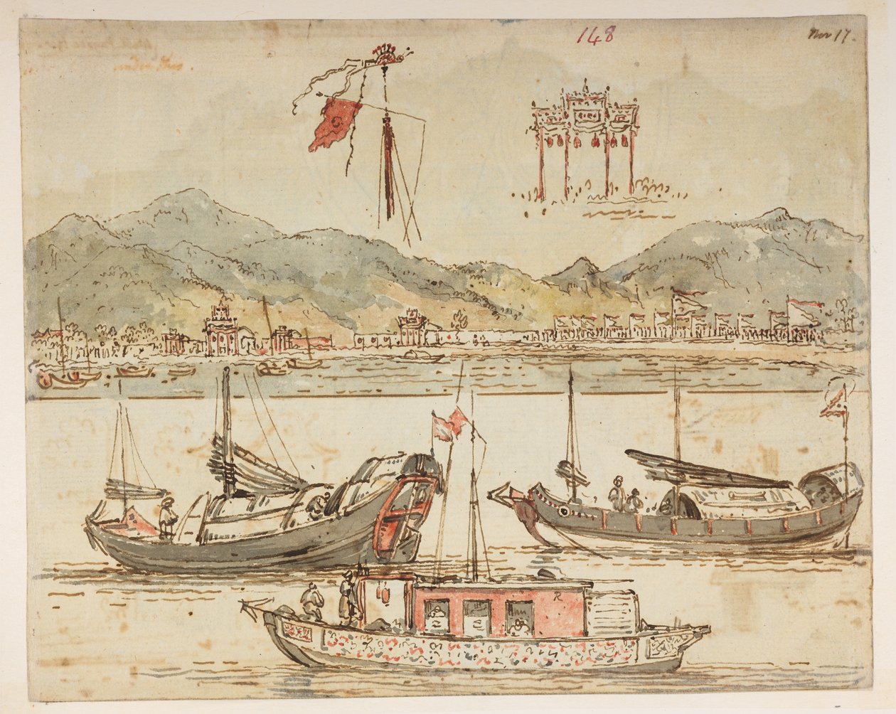 f.59 148 ボートと凱旋門。  、1792年から1794年の間にマッカートニー卿の中国皇帝への大使館で作成された風景、海岸線、衣装、日常生活の372枚の絵のアルバムから（紙に鉛筆と水彩） 作： ウィリアムアレクサンダー