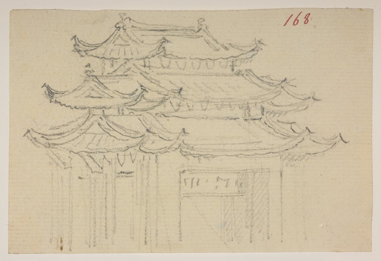 f.63 168 の寺院。  、1792年から1794年の間にマッカートニー卿の中国皇帝への大使館で作成された風景、海岸線、衣装、日常生活の372枚の絵のアルバムから（紙に鉛筆と水彩） 作： ウィリアムアレクサンダー