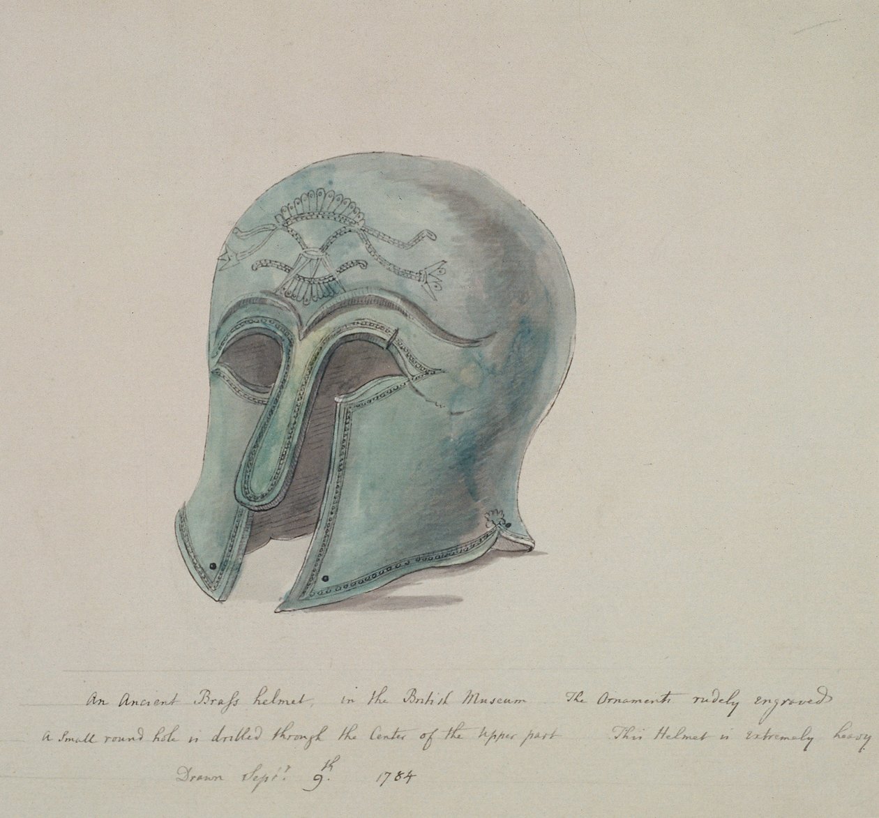 1784年、ロンドンのホルボーンにある大英博物館所蔵の古代の真鍮製ヘルメット 作： ウィリアム・アンガス