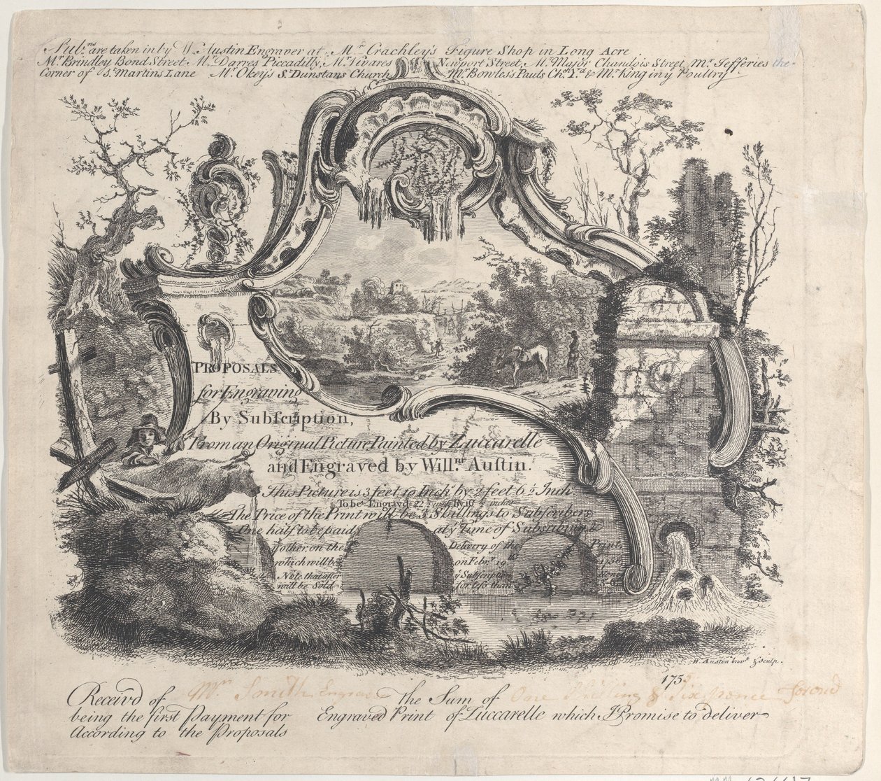 ズッカレルが描いた原画からの定額制の版画の提案、1756年。 作： ウィリアム・オースティン