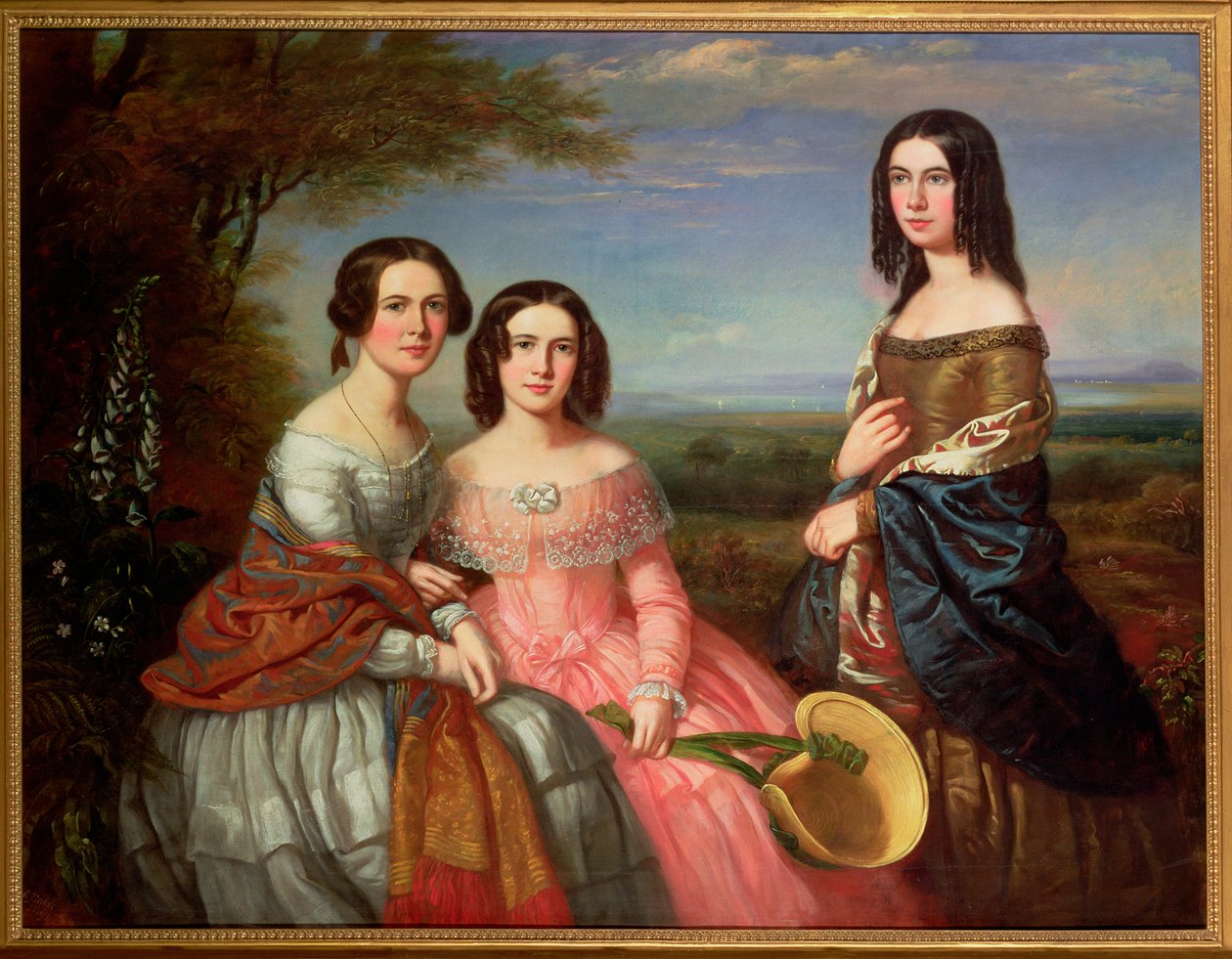 1849年の風景の中の3人の少女のグループポートレート、4分の3の長さ 作： ウィリアム・ベイカー
