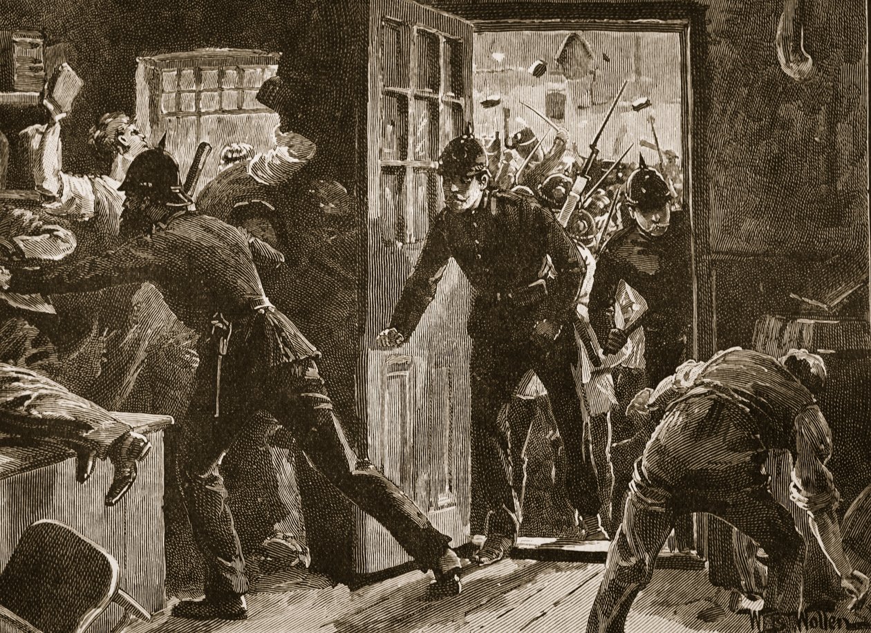 1886年のナショナルリーグ選手と警察の間のエニスでの戦い、「カッセルのイラスト入りのイングランドの歴史」（セピア写真）のイラスト 作： ウィリアムバーンズウール
