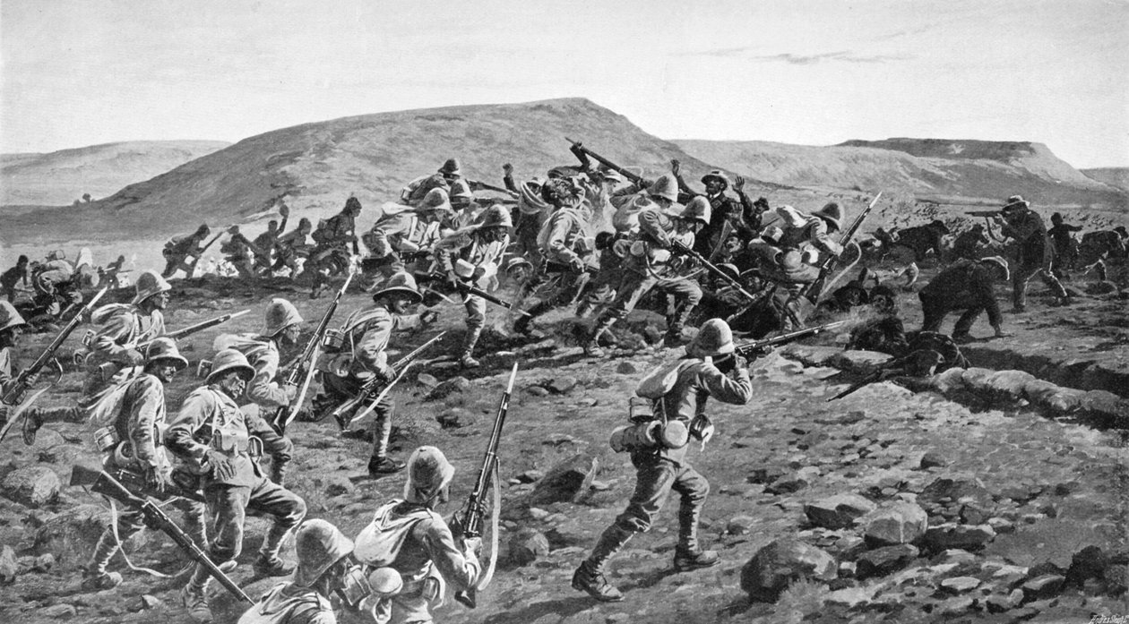 1900年1903年、ナタールのピータースヒルでボーアトレンチを襲うサウスランカシャーズ。 作： ウィリアムバーンズウール