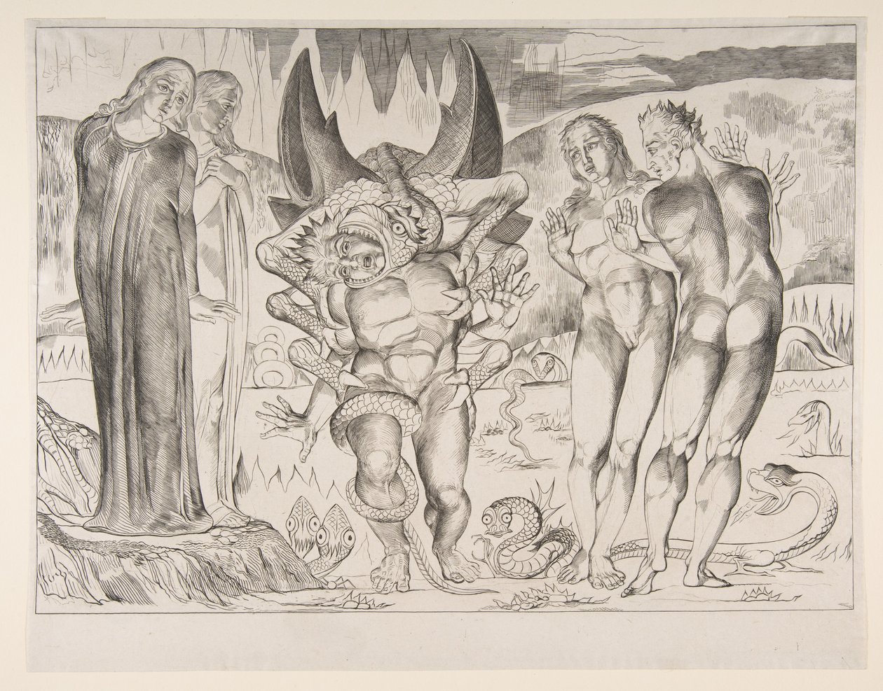 Circle of Theives：Agnello Brunelleschi Attacked by a Six-Footed Serpent、from Dan ...、ca. 1825-27。 作： ウィリアム・ブレイク