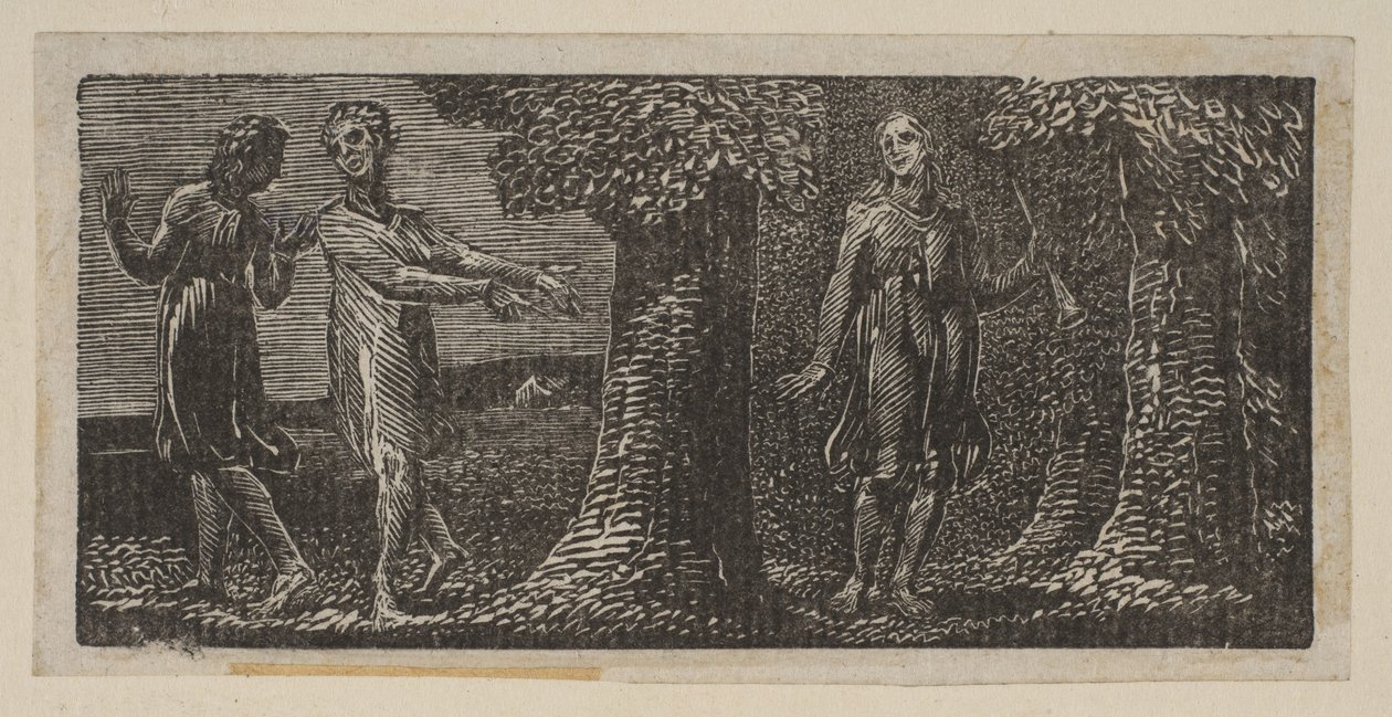 1821年、ヴァージルのソーントンズパストララルズから2人の男の子に嘲笑されたコリント。 作： ウィリアム・ブレイク
