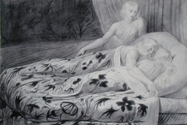 眠っているハルとヘバ、それを守るムネサ、「Tiriel」の挿絵、1788年頃（紙に黒チョークの跡の上にペンとグレーのウォッシュをかけたもの 作： ウィリアム・ブレイク