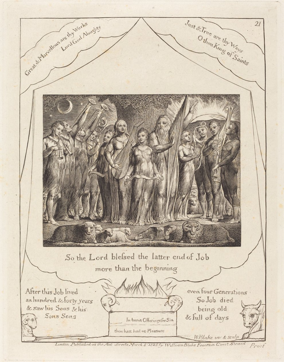 Job and His Wife Restored to Prosperity」（1825年）。 作： ウィリアム・ブレイク