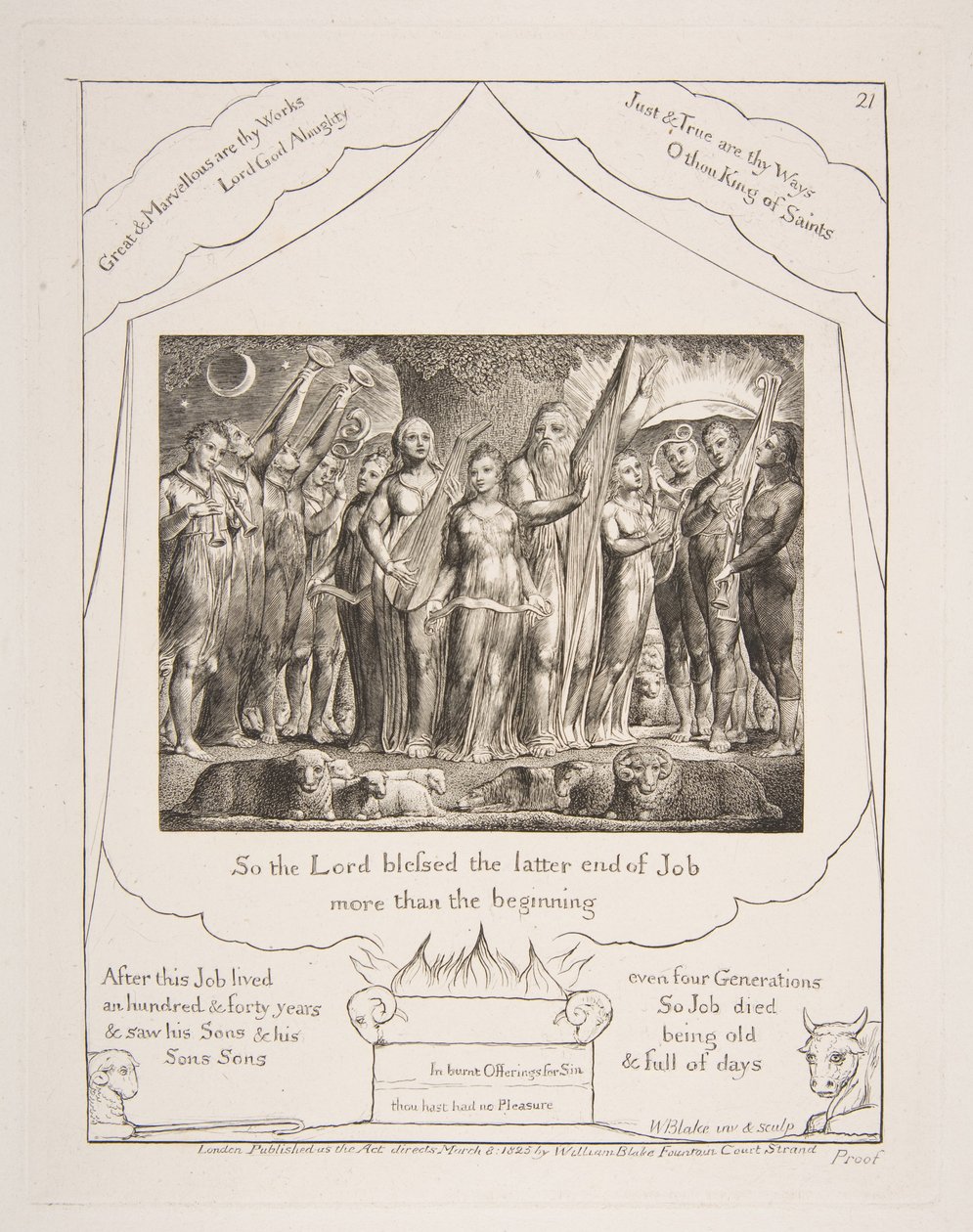 ヨブと彼の妻は、1825-26年の「ヨブ記の挿絵」から繁栄に戻りました。 作： ウィリアム・ブレイク