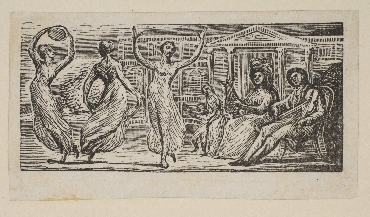女性の踊りを見るメナルカス、ソーントンのウェルギリウスの牧歌、1821年から。 作： ウィリアム・ブレイク