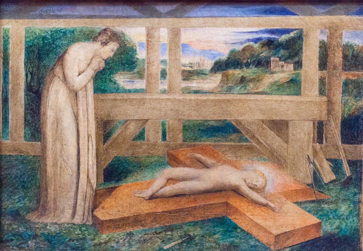 Nossa Senhora adorando o Menino Jesus adormecido na cruz, cerca de 1799-1800 (têmpera sobre tela) 作： ウィリアム・ブレイク