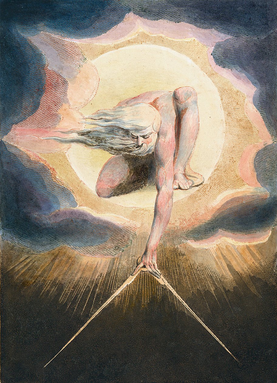 古代の日 - Urizen measuring out the material world - Urizen measured the material world.書籍「ヨーロッパ」の表紙のイラスト。予言へ。"ウィリアム・ブレイク（1757-1827）のドローイング 作： ウィリアム・ブレイク