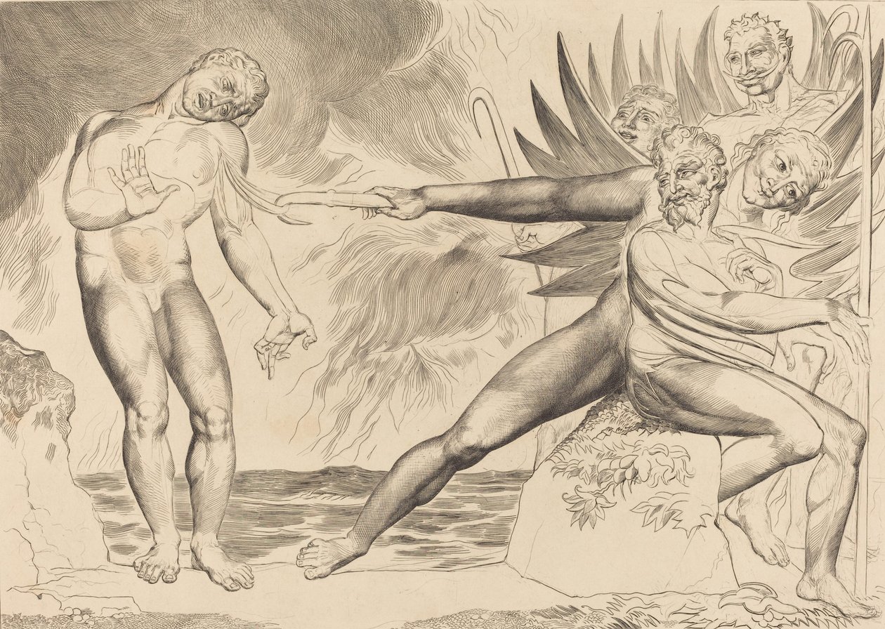 腐敗した役人の輪、チャンポロを苦しめる悪魔たち、1827年。 作： ウィリアム・ブレイク