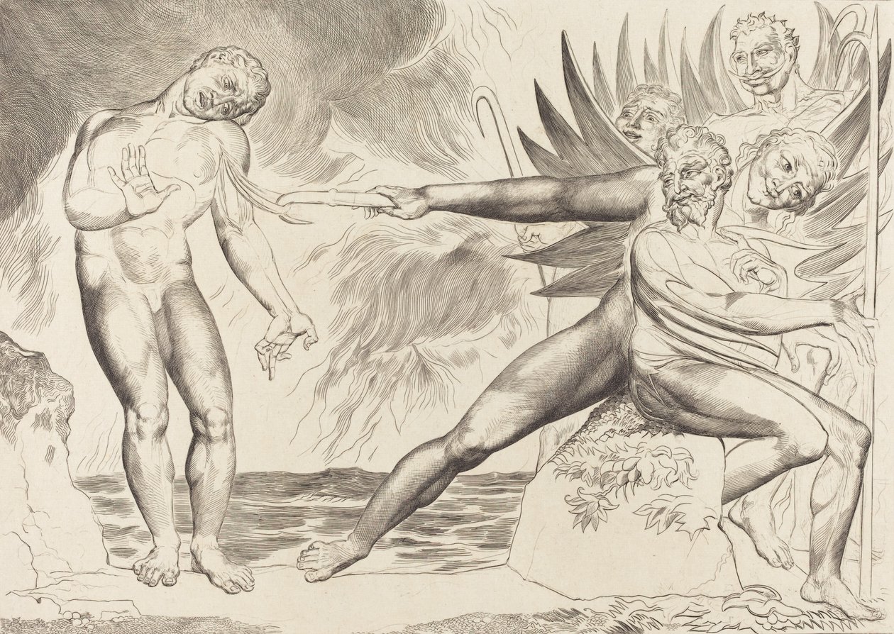 腐敗した役人の輪、チャンポロを苦しめる悪魔たち、1827年。 作： ウィリアム・ブレイク