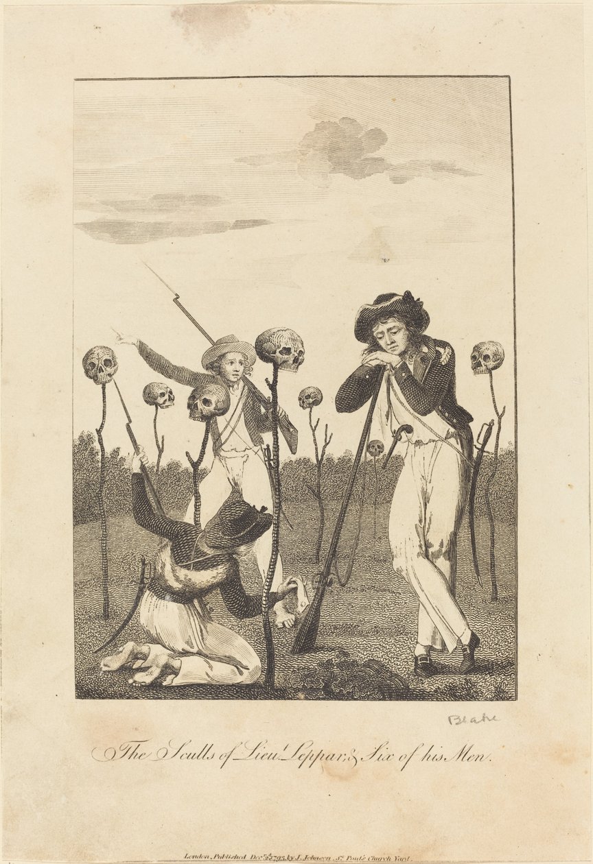 1793年、Lieut Lepparと彼の部下6人のスカル。 作： ウィリアム・ブレイク