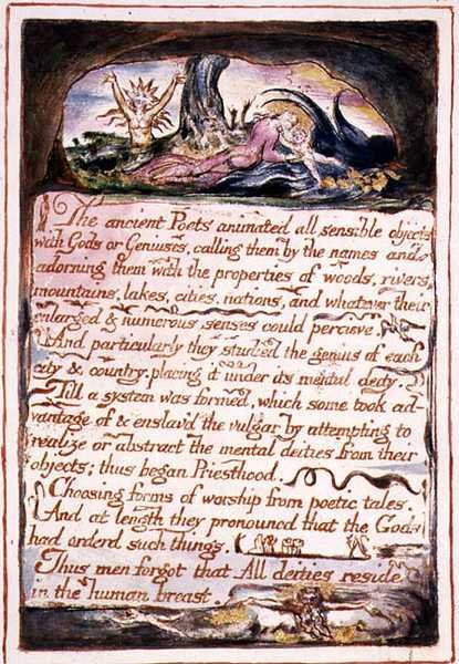 "The ancient poets..." 「天国と地獄の結婚」のイラストとテキスト、1790-3年頃（ペンと水彩で仕上げたレリーフエッチング 作： ウィリアム・ブレイク
