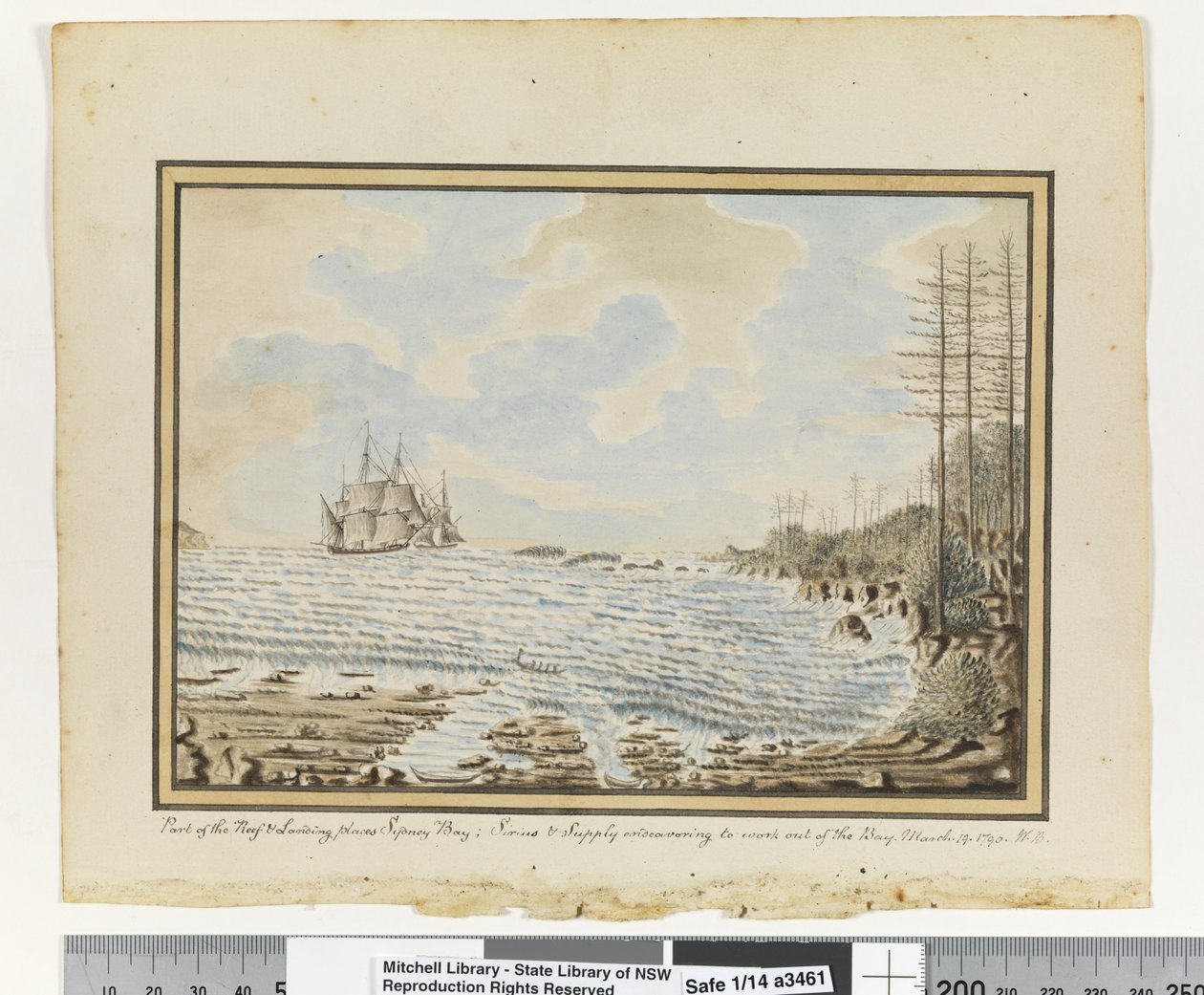 Opp.p.194。シリウスとサプライが湾の外で作業しようとしている。1790年3月19日」、1802年頃（水彩）。 作： ウィリアムブラッドリー