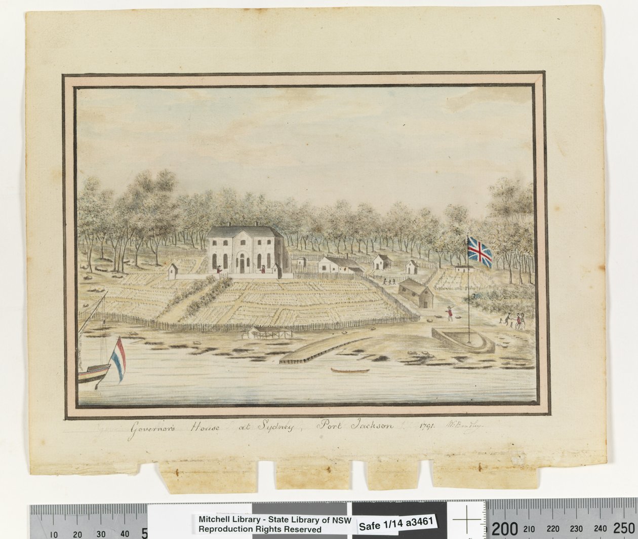 P.225をご覧ください。シドニーの総督邸、ポート・ジャクソン1791」1802年頃（水彩画 作： ウィリアムブラッドリー