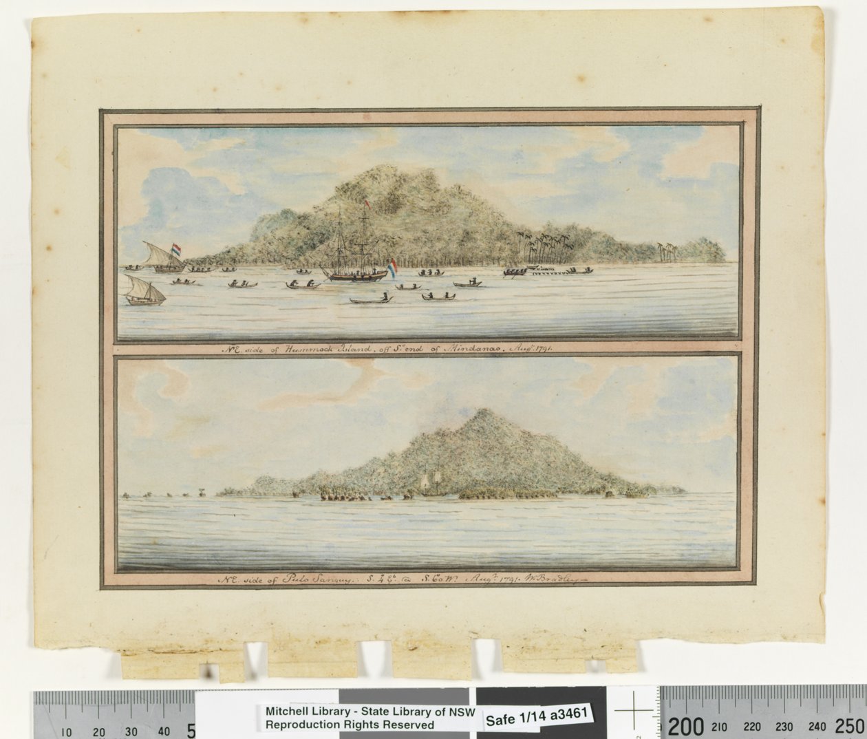 Opp.p.276に掲載されています。1791年8月、ミンダナオ島の端にあるハンモック島の北東側。1791年8月」と「Pulo SanguyのNE.サイド。S. 4 degrees Et S. 60 degrees W. Augt 1791