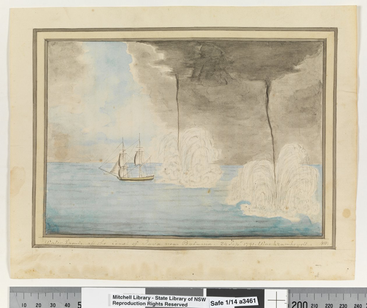 追記：p.290。ジャワ島の海岸、バタヴァイア付近の水の噴出。1791年9月24日。Waakzamheydt」1802年頃（水彩）。 作： ウィリアムブラッドリー