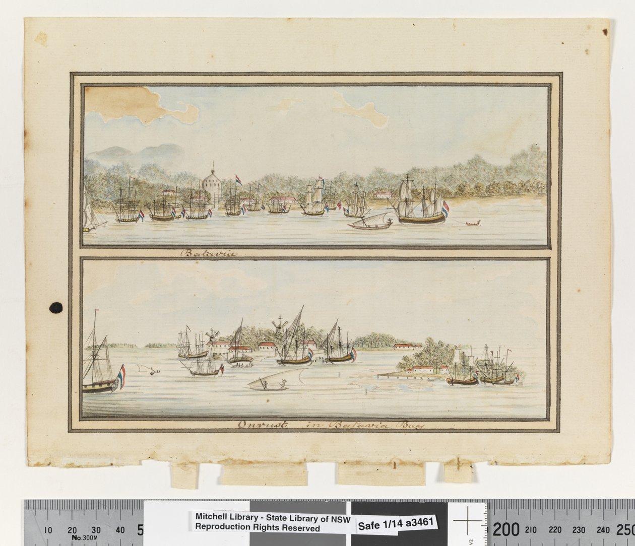 p.292をご覧ください。バタヴィア」と「バタヴィア湾のオントラップ」1802年頃（水彩画 作： ウィリアムブラッドリー