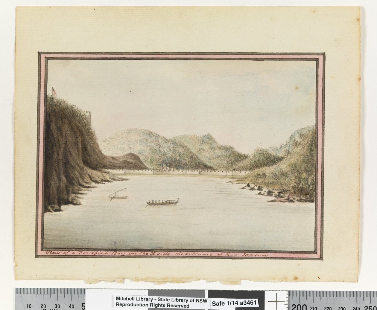 p.39をご覧ください。リオ・ジャネイロの入り口の東側にある要塞化された湾の眺め」1802年頃（水彩画）。 作： ウィリアムブラッドリー