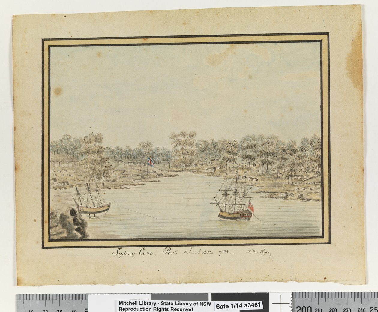 Opp.P.84に掲載されています。シドニー・コーブ、ポート・ジャクソン。1788年」1802年頃（水彩画 作： ウィリアムブラッドリー