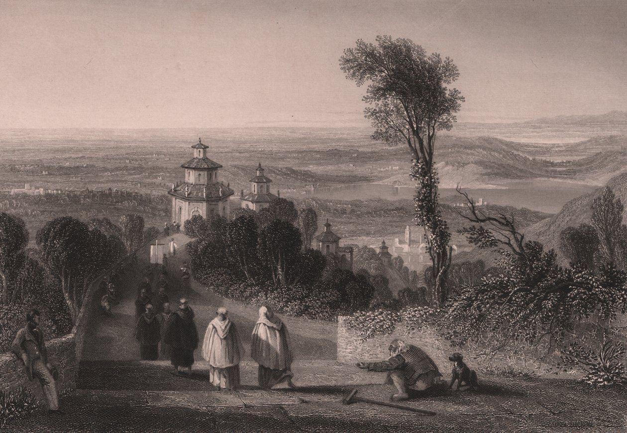 イタリア、ロンバルディア州ヴァレーゼのサクロモンテ（聖山）からの眺め、ウィリアム・ブロックドン（1787-1854）の図面からT・ウィルモアがスチール・エングレーヴィング、約23x18cm。 作： ウィリアム・ブロックドン