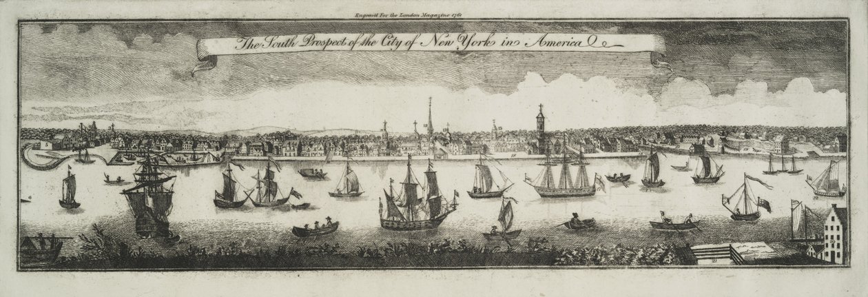 1761年、北米のニューヨーク市の南側の展望 作： ウィリアム・ブルギス