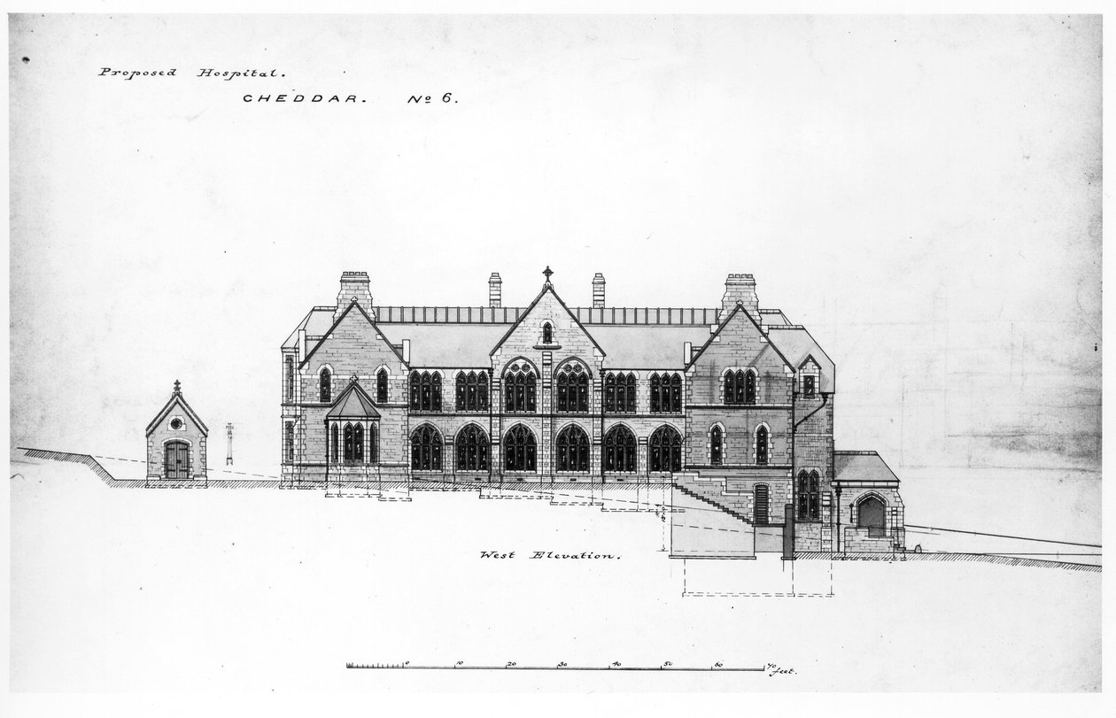 West Elevation-セントマイケルズホーム、チェダー、1878年以前（紙に黒のインク、鉛筆、トイレ） 作： ウィリアム・バターフィールド