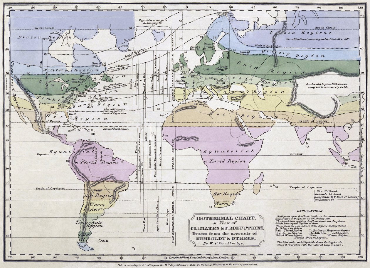 等温線図、または気候と生産の見解、アレクサンダーフォンフンボルトによるアカウントのイラスト、1823年 作： ウィリアム・C・ウッドブリッジ