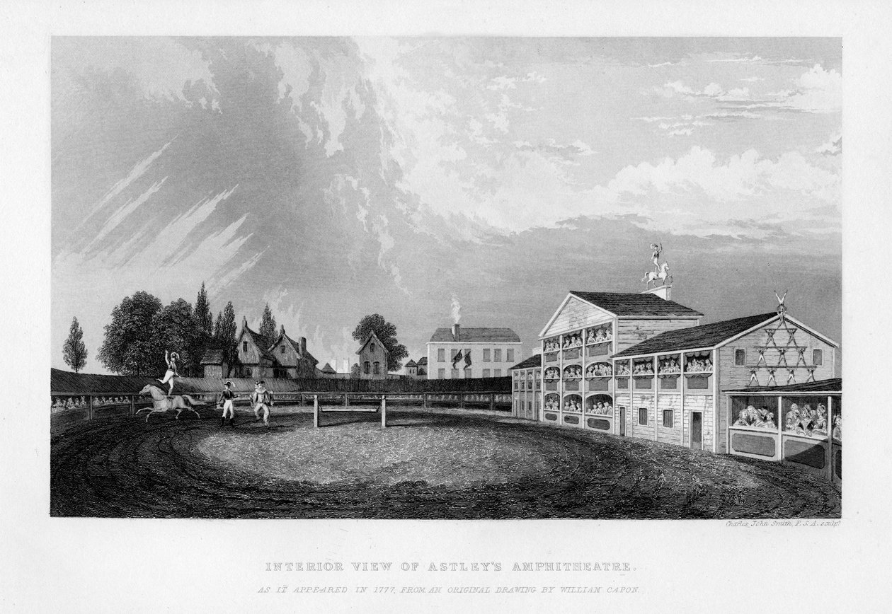 1777年、1840年に登場したロンドンのアストリーズ円形劇場の内部ビュー。 作： ウィリアム・カポン