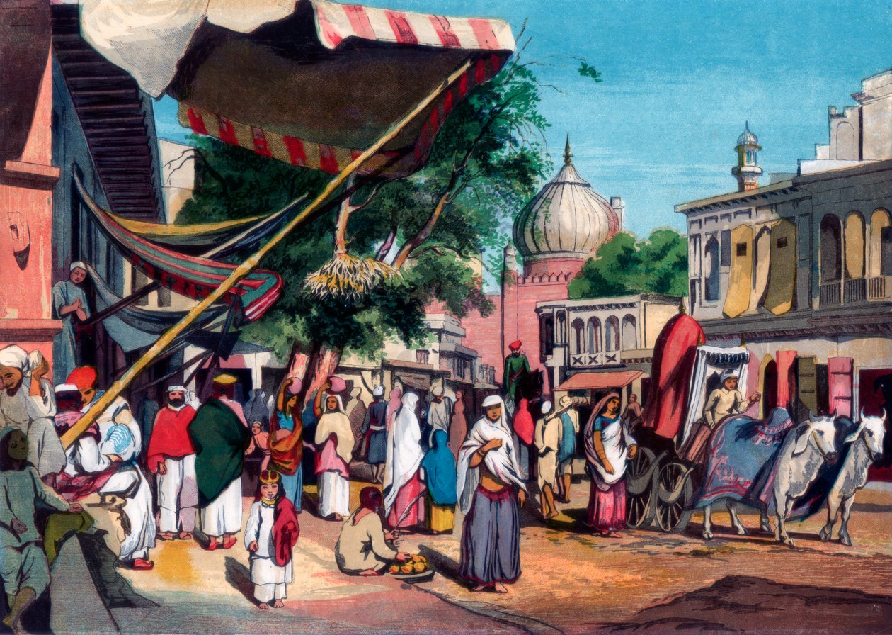 1857年、インドのデリーにあるジャミマスジッドの裏にある通り。 作： ウィリアム・カーペンター