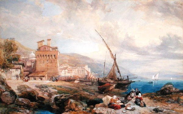 サレルノ湾、1840年頃（白い紙に水彩とガッシュ） 作： クラークソン・フレデリック・スタンフィールド