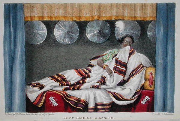 サヘラ・セラシエ王、W.コーンウォリス・ハリス少佐の「The Highlands of Aethiopia」より、W.L.ウォルトン(fl.1834-55)とチャールズ・ジョセフ・ハルマンデル(1789-1850)が彫刻し、1844年に出版された手描きのリトグラフ版。 作： ウィリアム・コーンウォリス（後）ハリス