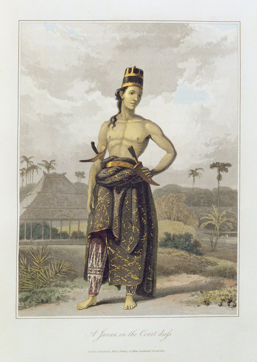 裁判所の服のジャワ、pl。トーマス・スタンフォード・ビングリー・ラッフルズ（1781-1826）パブによる「ジャワの歴史」の第1巻から6。 1817（着色されたアクアチント） 作： ウィリアム・ダニエル