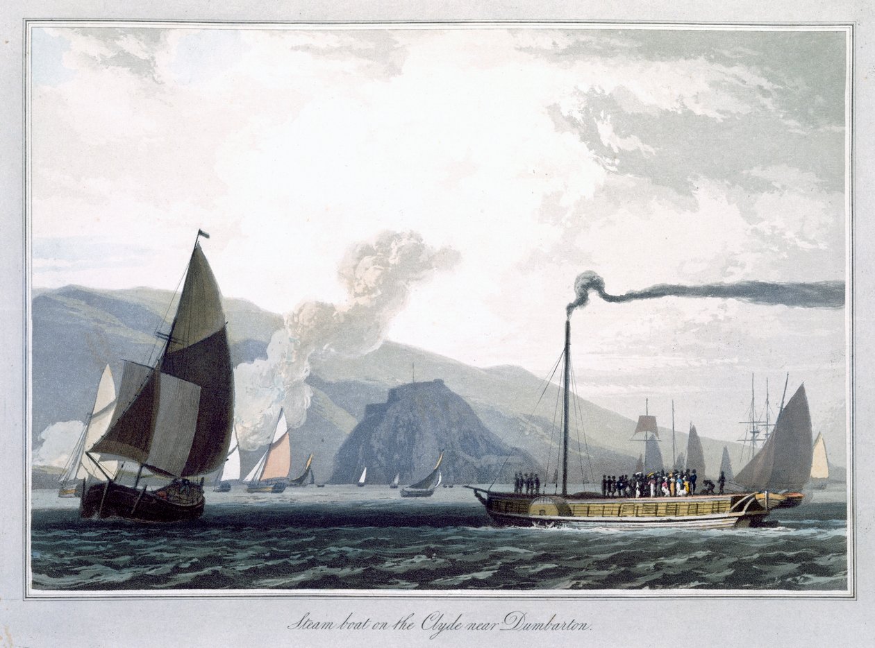 ダンバートン近くのクライド川に浮かぶ蒸気船」、スコットランド、1829年 作： ウィリアム・ダニエル