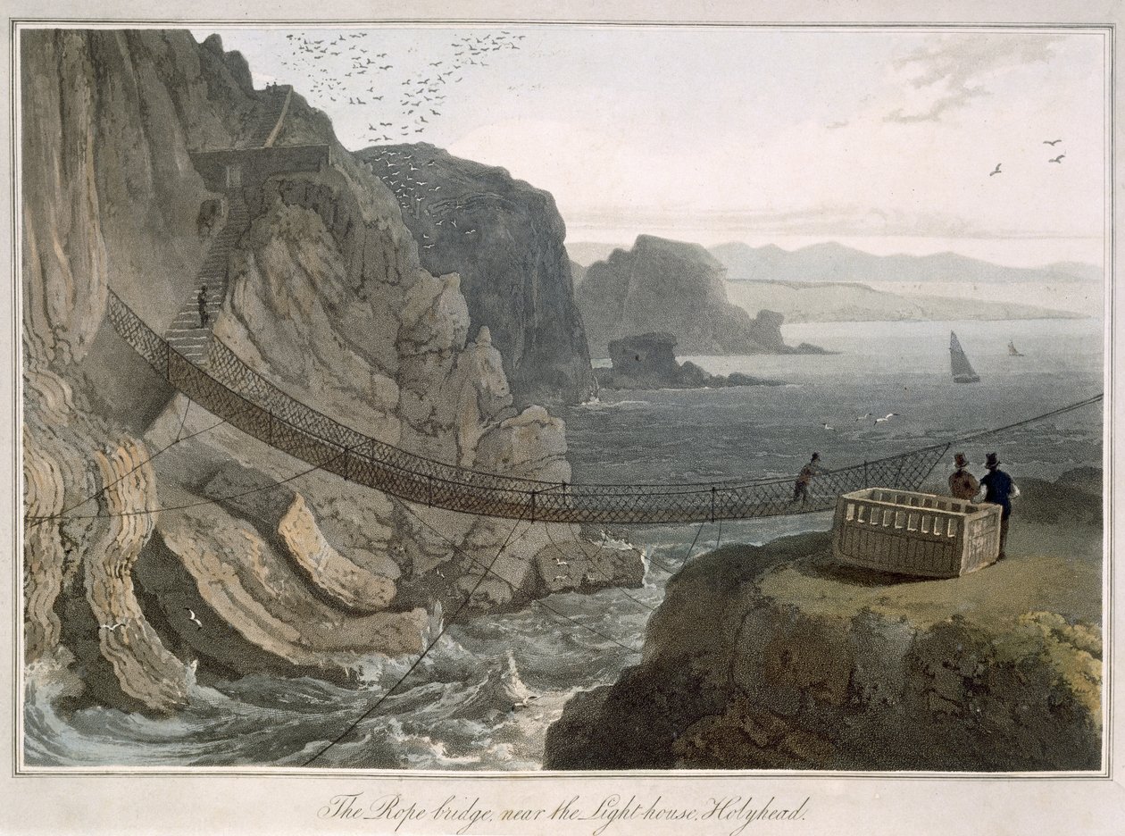 灯台近くのロープブリッジ、ホリーヘッド、「1814年から1825年の間にイギリスで行われた航海」から1829年に発行 作： ウィリアム・ダニエル
