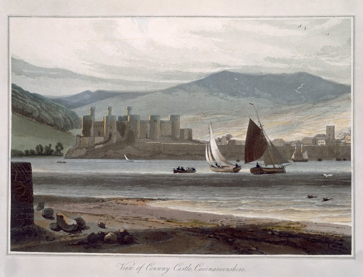 1815年に出版された「A Voyage Around Great Britain Undertaken between the Years 1814 and 1825」から、CaernarvonshireのConway Castleの眺め（カラー・エングレーヴィング）。 作： ウィリアム・ダニエル