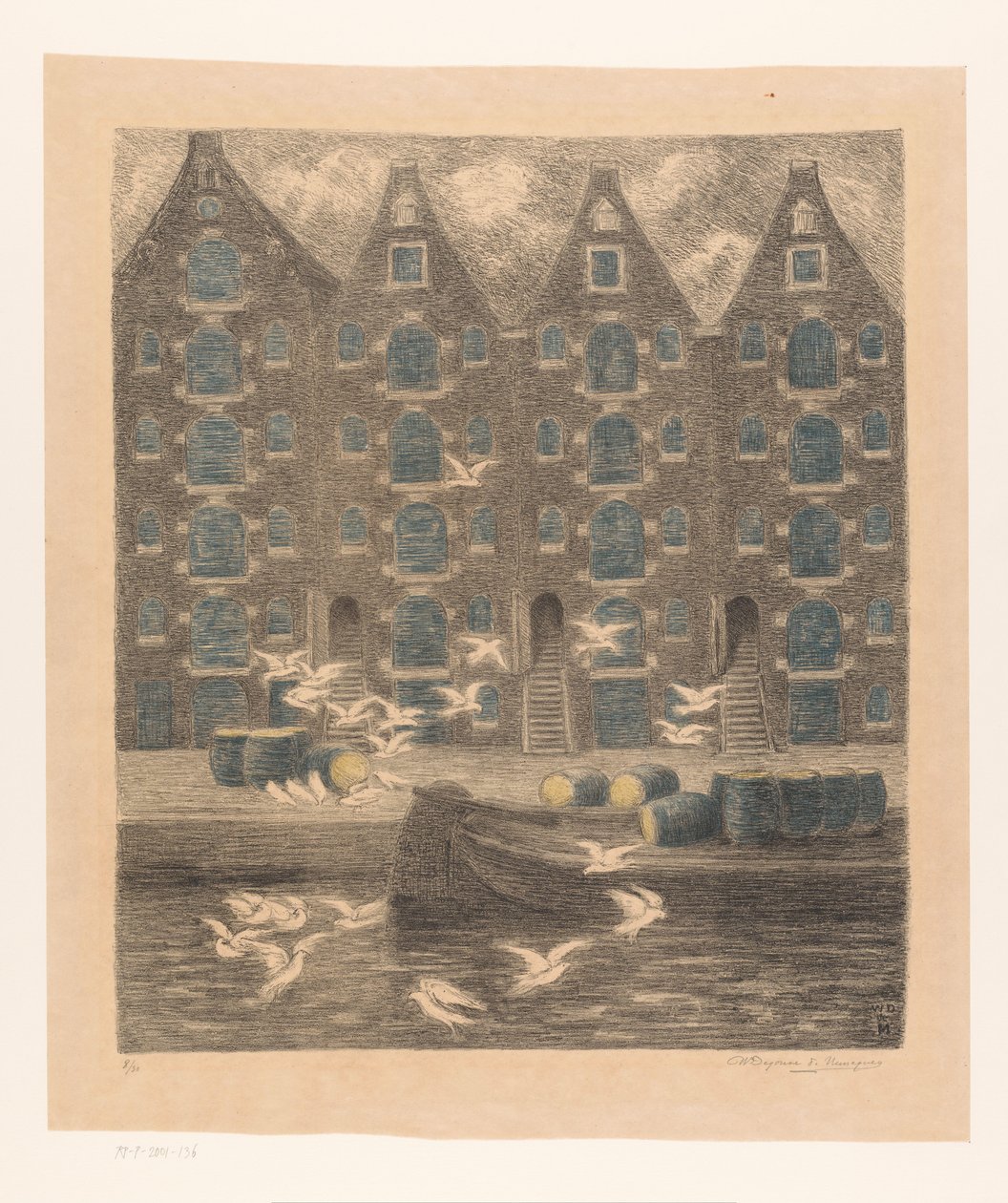 アムステルダムの Brouwersgracht の倉庫 作： William Degouve de Nuncques（アーティストによる署名）