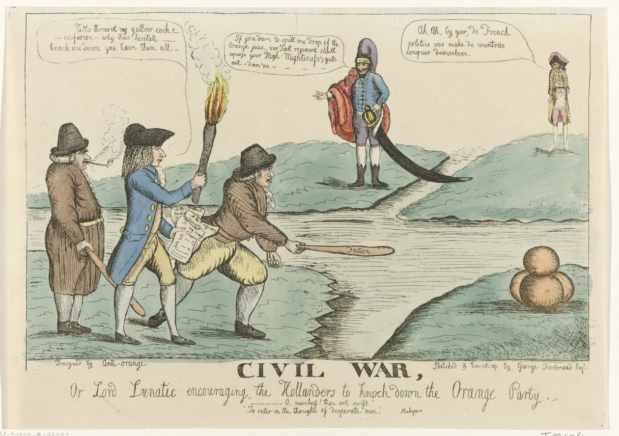 オランダ内戦に関する英語の風刺漫画、1787 年 内戦、またはオランダ人にオレンジ党を倒すように勧めるルナティック卿 (オブジェクトのタイトル) 作： ウィリアム・デント