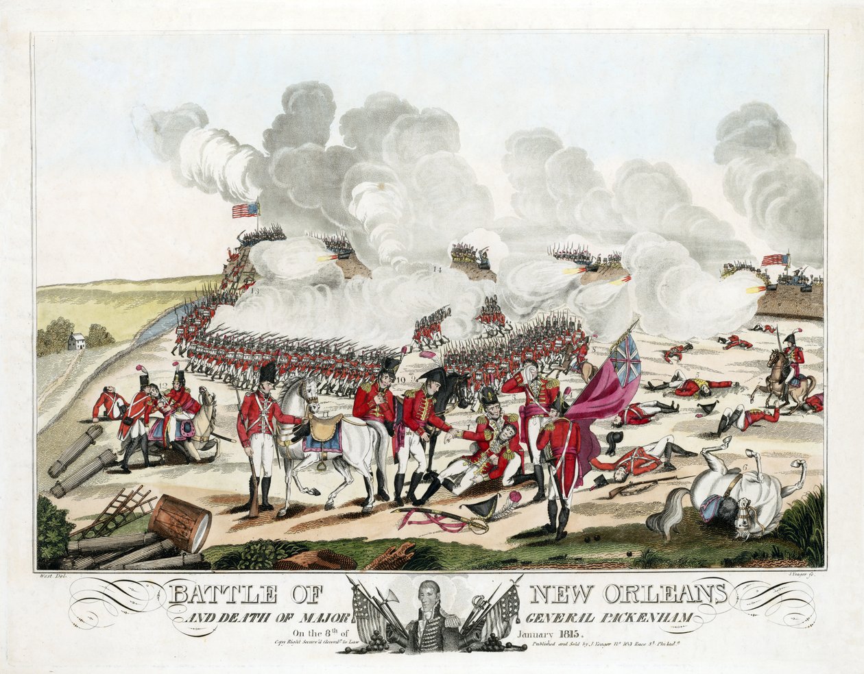 ニューオーリンズの戦いと1815年1月8日のパッケナム少将の死、pub.1815年（彩色済み彫刻 作： ウィリアム・エドワード（後）ウェスト