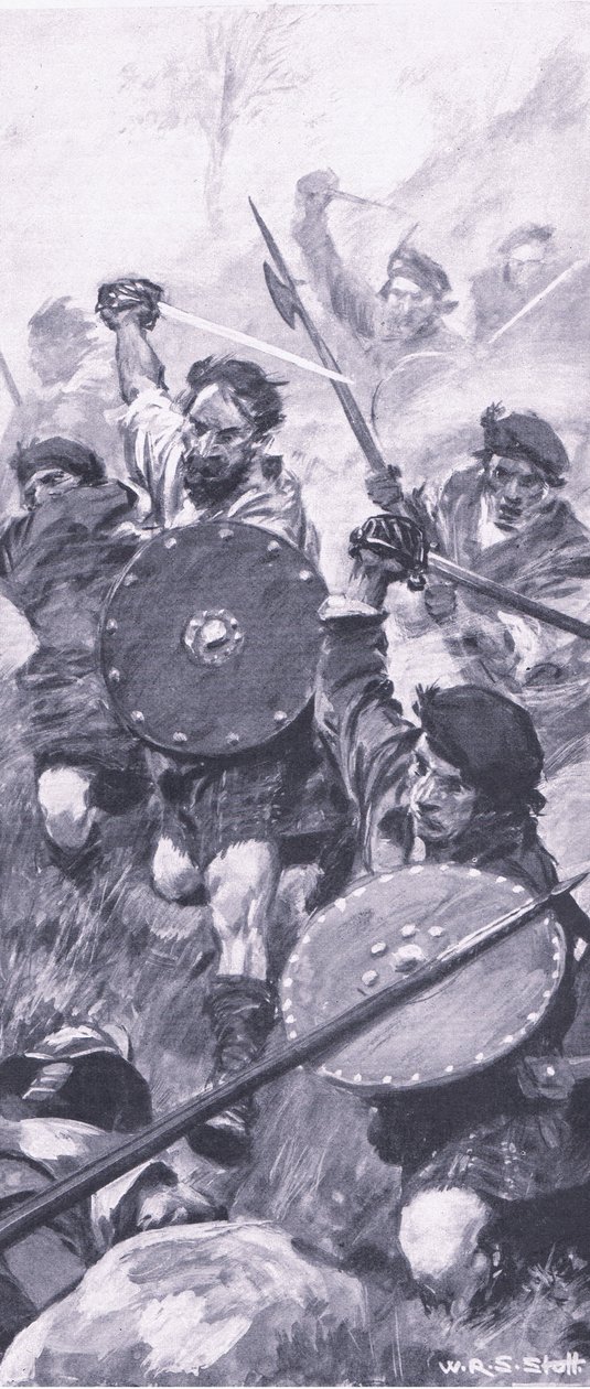 キリークランキーの戦いでのハイランダーズ、イギリスの陸と海での戦い、1915年のイラスト 作： ウィリアム・エドワード・ストット