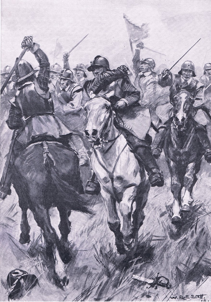 1650年9月3日のダンバーでの騎兵の衝突、1915年の陸と海でのイギリスの戦いのイラスト 作： ウィリアム・エドワード・ストット